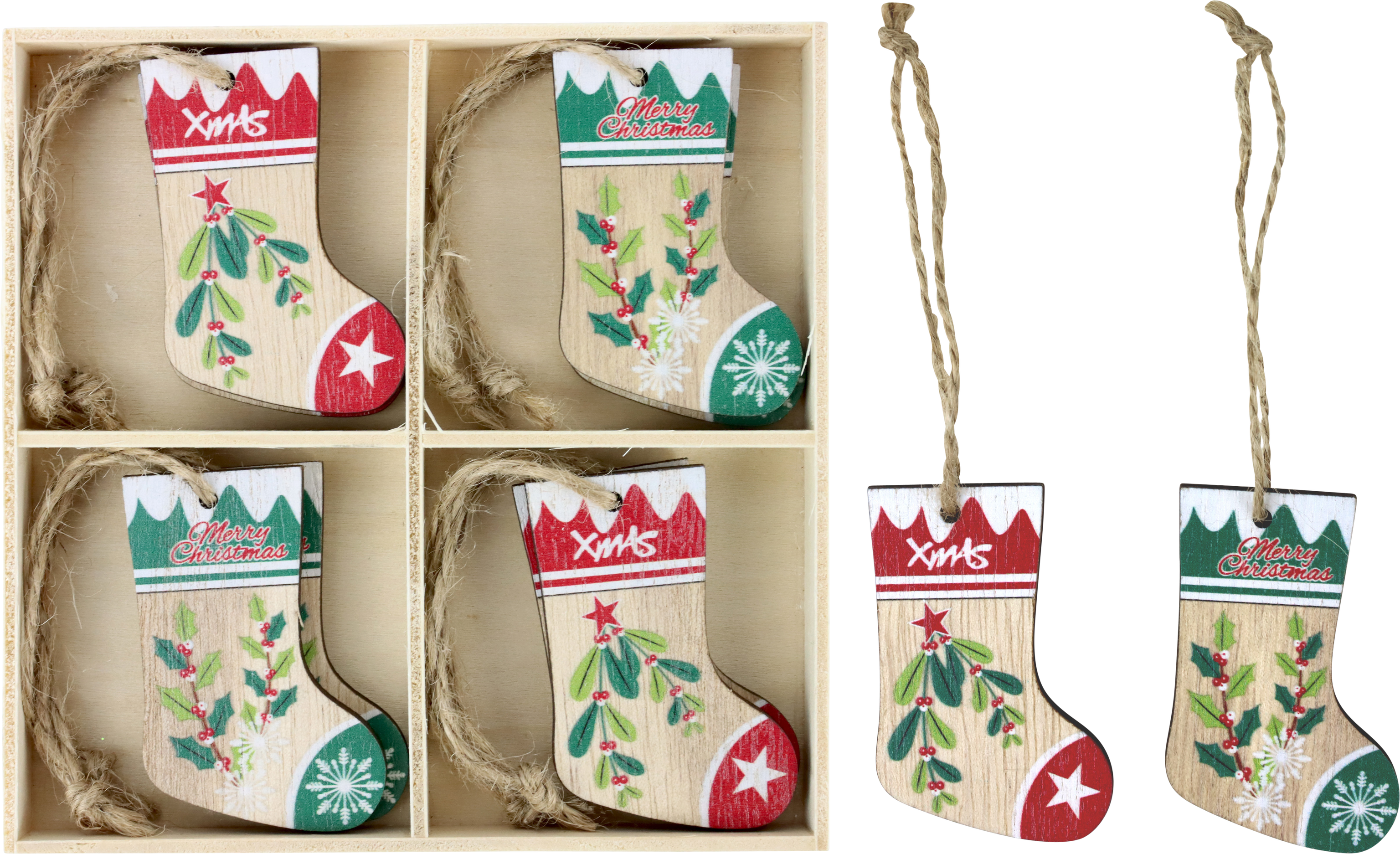 2737 WOODEN BOX  CHRISTMAS BOOTS  S/8