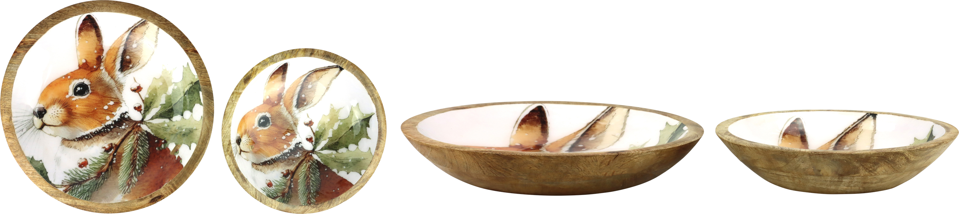 8279 WOOD BOWLS SNOW RABBIT  S/2